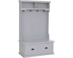 Garderobekast MCW-P27, halgarderobekast, houten garderobekast met zitbank, 4 haken, opbergvak, melamine, 163 x 100 x 47 cm ~ lichtgrijs