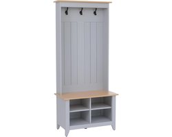 Garderobekast MCW-P28, staande garderobekast met schoenenrek en zitbank, 3 haken, 4 opbergvakken, melamine, 170 x 76 x 39 cm ~ lichtgrijs, naturel