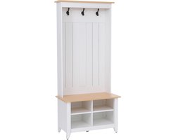 Garderobekast MCW-P28, staande garderobekast met schoenenrek en zitbank, 3 haken, 4 opbergvakken, melamine, 170 x 76 x 39 cm ~ wit, naturel