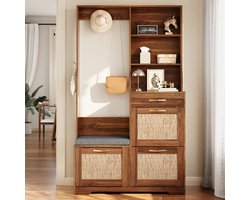 Garderobekast met Bank en Schoenenkast - Hal Kapstok 100x30x170 cm - Rotan Fronten, Lade & Kledinghaken - Walnoot