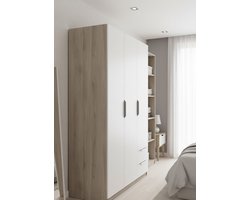Garderobekast met moderne garderobekast, 3 deuren, 2 laden, 4 nissen, kleur Kronberg eiken & mat wit, 119,5 x 51 x 203 cm