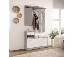 Garderobekast met Spiegel en Schoenenbank 100 x 190 x 26 cm – Witte Mat Halmeubel met Betonlook, Compacte Kapstok met Lade, Schoenenopbergkast en Wandpaneel voor Entree – Faisal