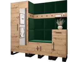 Garderobekast met spiegel Ganggarderobe Compacte garderobe Vestibule Wandkast Plank Hal & Gang Kast Schoenenkast Gestoffeerde panelen en met een kussen - (BxHxD): 200x196x45,6 cm - ERNETST 13 - Artisan (Groen (Manilla 35))