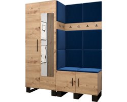 Garderobekast met spiegel Ganggarderobe Compacte garderobe Vestibule Wandkast Plank Hal & Gang Kast Schoenenkast Gestoffeerde panelen en met een kussen - (BxHxD): 158x196x45,6 cm - ERNETST 14 - Artisan (Blauw (Manila 26))