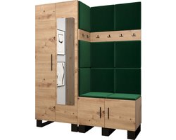 Garderobekast met spiegel Ganggarderobe Compacte garderobe Vestibule Wandkast Plank Hal & Gang Kast Schoenenkast Gestoffeerde panelen en met een kussen - (BxHxD): 158x196x45,6 cm - ERNETST 14 - Artisan (Groen (Manilla 35))