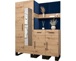 Garderobekast met spiegel Ganggarderobe Compacte garderobe Vestibule Wandkast Plank Hal & Gang Kast Schoenenkast Gestoffeerde panelen en met een kussen - (BxHxD): 158x196x45,6 cm - ERNETST 15 - Artisan (Blauw (Manila 26))