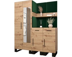 Garderobekast met spiegel Ganggarderobe Compacte garderobe Vestibule Wandkast Plank Hal & Gang Kast Schoenenkast Gestoffeerde panelen en met een kussen - (BxHxD): 158x196x45,6 cm - ERNETST 15 - Artisan (Groen (Manilla 35))