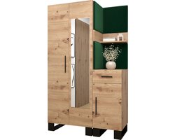 Garderobekast met spiegel Ganggarderobe Compacte garderobe Vestibule Wandkast Plank Hal & Gang Kast Schoenenkast Gestoffeerde panelen en met een kussen - (BxHxD): 116x196x45,6 cm - ERNETST 16 - Artisan (Groen (Manilla 35))