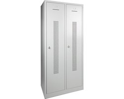 Garderobekast perfo deur breed 89CM .Sluiting Met sleutel en cilinderslot. Aantal deuren 3. Op de sokkel en kleur deur Blauw