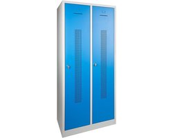 Garderobekast perfo deur met scheiding t.b.v. schoon/vuil indeling 180 hoog 120 breed 50 diep 3 deurs Blauw met cilinderslot en sleutel op sokkel