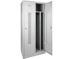 Garderobekast perfo deur met scheiding t.b.v. schoon/vuil indeling 180 hoog 41,5 breed 50 diep 1 deurs Blauw met cilinderslot en sleutel op pootje