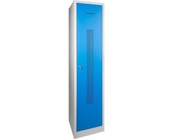 Garderobekast perfo deur met scheiding t.b.v. schoon/vuil indeling 180 hoog 41,5 breed 50 diep 3 deurs Blauw met cilinderslot en sleutel op sokkel