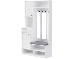 Garderobekastset, complete halgarderobeset met bank, 4 haken, deuren en lades - wit, compacte afmetingen 100×180×35 cm (B×H×D)