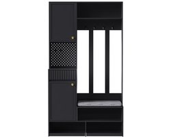 Garderobekastset, complete halgarderobeset met bank, 4 haken, deuren en lades - zwart, compacte afmetingen 100×180×35 cm (B×H×D)