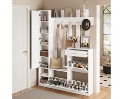 Garderoben-Set met Spiegel 133×23,5×180cm Wit | 3 Schuhkippern + 1 Schublade + Veel Haken | Particle Board