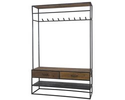 Garderoberek met Kapstok & Schoenenrek (180cm x 120cm x 35cm) - Garderoberek industrieel - Garderobe Rek lades - Halmeubel - Kapstok Staand met 9 haken - Wandkapstok Muur Hoedenplank - Hout & Zwart Metaal Landelijk - 180 cm x 120 cm x 35 cm