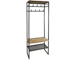 Garderoberek met Kapstok & Schoenenrek (182cm x 70cm x 35cm) - Garderoberek industrieel - Garderobe Rek lades - Halmeubel - Kapstok Staand met 8 haken - Wandkapstok Muur Hoedenplank - Hout & Zwart Metaal Landelijk