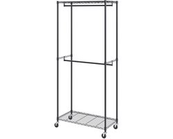 Garderoberek op wielen - Verrijdbaar kledingrek - 1 Kledingstang - 2 Niveaus - Draagvermogen 136 kg - Duurzaam ontwerp