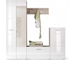 Garderobeset 4-delig - Halmeubelset - Entree Organiseren - Moderne Hoogglans Look - 195x195x36 cm - Wit Zand Eiken