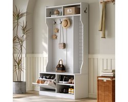 Garderobeset - complete gangkast met zitbank - 6 haken - 1 deur en 4 open opbergvakken - wit - 100x40x185 -5 cm