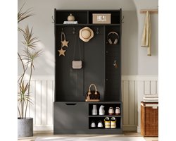 Garderobeset - complete gangkast met zitbank - 6 haken - 1 deur en 4 open opbergvakken - zwart - 100x40x185 -5 cm