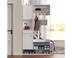 Garderobeset, complete garderobekast met bank, 4 haken, deuren en laden - wit , compacte afmetingen 100×180×35 cm (B×H×D)