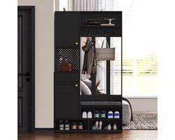 Garderobeset, complete garderobekast met bank, 4 haken, deuren en laden - zwart , compacte afmetingen 100×180×35 cm (B×H×D)