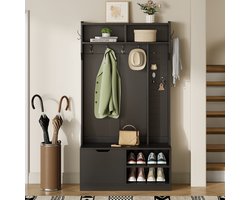 Garderobeset, complete set halgarderobe met bank, 6 haken, 1 deur en 4 open opbergruimtes - zwart, 100×185,5×40 cm (B×H×D)