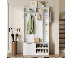 Garderobeset, complete set halgarderobe met zitbank, 6 haken, 1 deur & 4 open opbergruimte - wit, 100×185,5×40 cm (B×H×D)