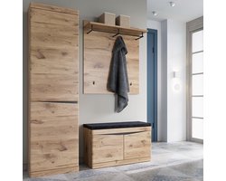 Garderobeset Hal 3-Delig met Schoenenkast, Hoge Kast, Kapstokpaneel en Zitkussen - 153 x 39,9 x 196 cm - Eikenlook Modern Halmeubel met Opbergruimte en Kledingstang - Mobili Bella