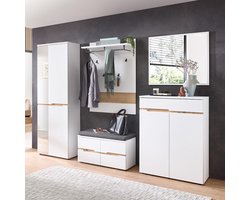 Garderobeset Halmeubel met Spiegel en Schoenenkast 265 x 38 x 192 cm - 5-Delige Entreeset met Garderobekast, Schoenenbank, Wandpaneel, Zitkussen en Opbergruimte - Wit/Eiken Artisan - Mobili Bella