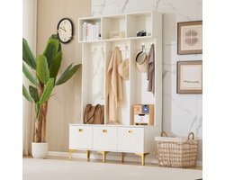 Garderobeset met bank, multifunctionele opbergbank, open opbergruimte, 6 gouden haken en pootjes, geschikt voor hal, woonkamer, wit, B120/D23.5/H191.5CM