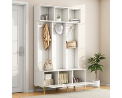 Garderobeset met bank, multifunctionele opbergbank, open opbergruimte, 6 gouden haken en poten, geschikt voor hal, woonkamer, wit, B120/D40/H191,5 cm