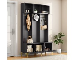 Garderobeset met bank, multifunctionele opbergbank, open opbergruimte, 6 gouden haken en poten, geschikt voor hal, woonkamer, zwart ,B120/D40/H191,5CM