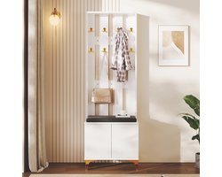 Garderobeset met schoenbank en kussen - Push-to-open - Gedempte scharnieren - Verstelbare planken - Gouden haken en poten - Grijze kussens - Golfstructuur deuren - Wit