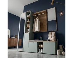 Garderobeset met Schoenenbank, Spiegel en Garderobekast 206x38x202 cm – Modern Halmeubel met Zitkussen en Wandpaneel – Groen Mat/Eiken – Yesdeals