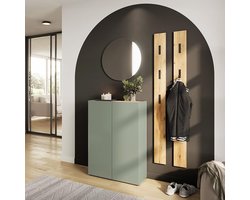 Garderobeset met Schoenenkast 74 x 105 x 33 cm, Ronde Spiegel 60 cm en Wandkapstokpanelen – Halmeubel Set 4-delig Groen Eiken Design met Opbergruimte voor 12 Paar Schoenen – Mobili Bella