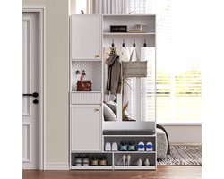 Garderobeset met Zitbank - 4 Haken - Met Laden - Met Deuren - Met Kussen - Kipbeveiliging - Compact Formaat 100×180×35 cm - Wit