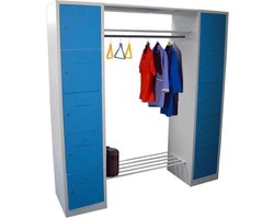 Garderobeset uit 2 lockerkasten blauwe deuren met tussenstuk 183 cm breed en cilinderslot