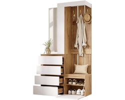 Garderobeset voor de hal met spiegel, 4 lades, 1 deur, haken en open opbergvak, wit/naturel, 100 x 35 x 180 cm