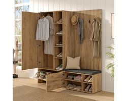 Garderobeset Wandgarderobe 160x38x180 cm - Uitrekbare kledingstang - 4 Haken - Spiegel - Gepolsterde bank - Schoenenschrank met vouwdeuren - Zwart+Natuurlijk - Met kantelbeveiliging