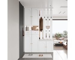 Garderobeset , wandgarderobe; garderobeset met schoenenbank en schoenenkast ,4 haken, 6 deuren, 2 lades, wit halmeubel (B110×H180×D37cm)