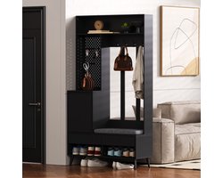 Garderobeset, wandgarderobeset, garderobeset met schoenenbank, garderobeset met 4 jashaken, twee laden en 1 deur, zwart, 100 Lx35Bx180H cm