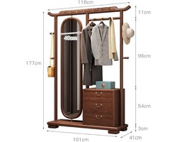 Garderobestandaard met Spiegel en Lade – 360° Draaibare Passpiegel & Kledingrek van Massief Hout in Chinese Stijl – Multifunctionele Staande Kapstok voor Slaapkamer & Woonkamer – 10 x 10 x 10 mm
