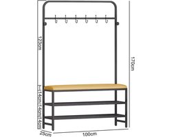Garderobestander met Schoenenbank 3-in-1 Industrieel – Vrijstaande Halboom Kapstok met Schoenenrek, Haken, Opbergplanken en Gevoerde PU Leren Zitbank – Ruimtebesparende Metalen Entree Organizer voor Hal, Gang, Woonkamer en Kantoor