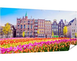 Gards Tuinposter Amsterdamse Huisjes met Tulpen - Kleur - 200x100 cm - Tuindoek - Tuindecoratie - Wanddecoratie buiten - Tuinschilderij