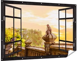 Gards Tuinposter Doorkijk Aap op de Uluwatu Tempel in Bali - 180x120 cm - Tuindoek - Tuindecoratie - Wanddecoratie buiten - Tuinschilderij