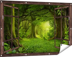 Gards Tuinposter Doorkijk Groene Tropische Jungle Bos - 120x80 cm - Tuindoek - Tuindecoratie - Wanddecoratie buiten - Tuinschilderij