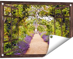 Gards Tuinposter Doorkijk Lavendel Pad - 60x40 cm - Tuindoek - Tuindecoratie - Wanddecoratie buiten - Tuinschilderij