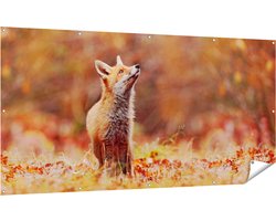 Gards Tuinposter Vos in het Bos tussen de Bladeren - 200x100 cm - Tuindoek - Tuindecoratie - Wanddecoratie buiten - Tuinschilderij